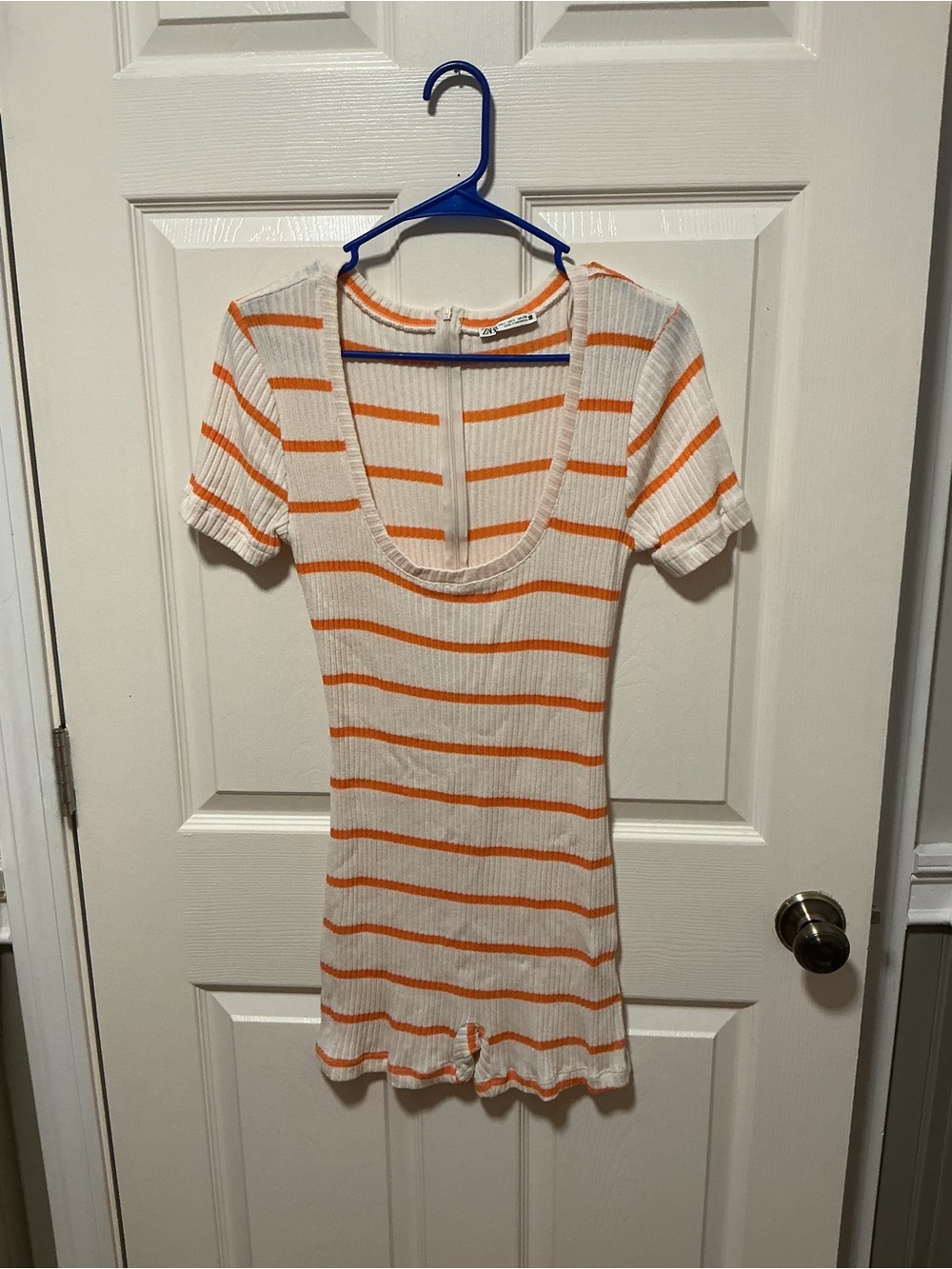 Zara Ribbed Orange Stripe Knit Romper Scoop Neck Ruffle Trim Fitted Size Large - Picture 2 of 12